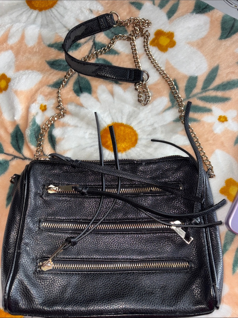 Black Leather Crossbody Bag with Gold Chain Strap
